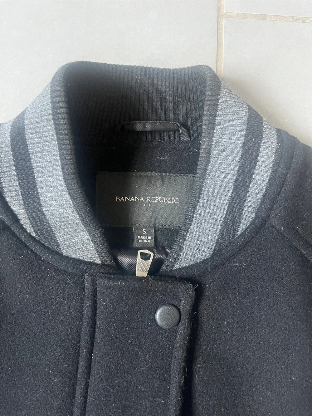 Banana Republic Black Varsity Bomber Jacket with Faux Leather Sleeves